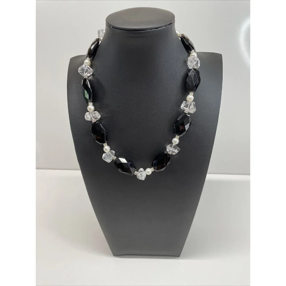 Lucas Lamenth black Faceted Glass Pearl Natural Stone Necklace LUC‎ 925 AL4.2